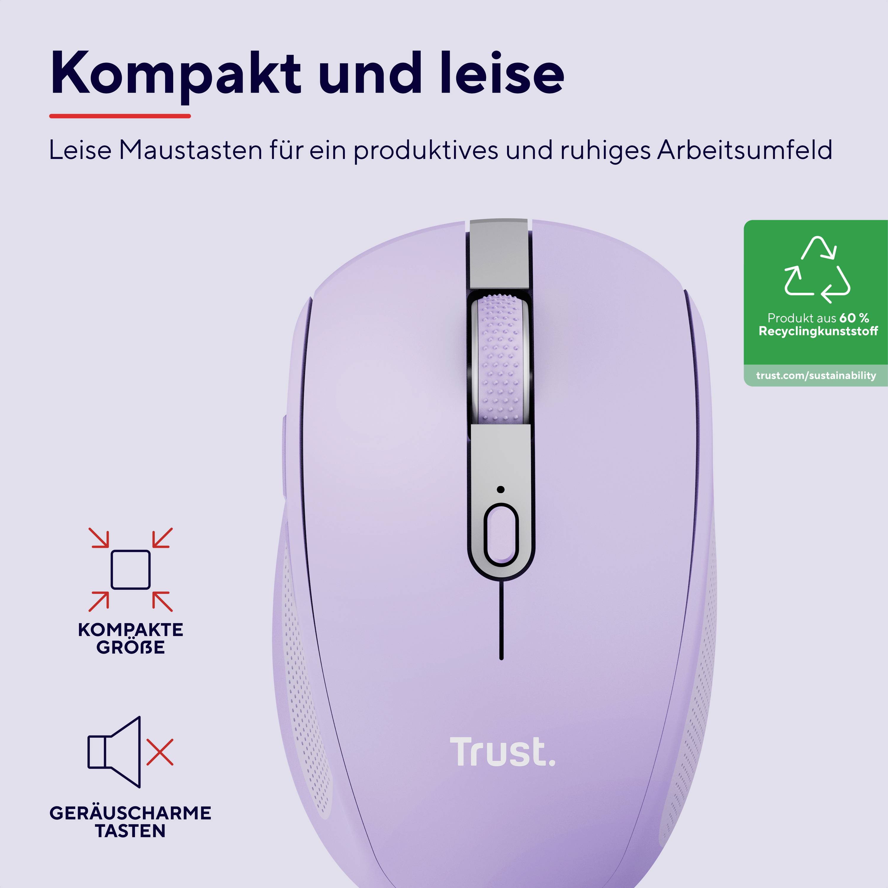 Lila Maus mit leisem Klick und kompaktem Design. Betont ideal für ein ruhiges Arbeitsumfeld. Text: 'Kompakt und leise'.