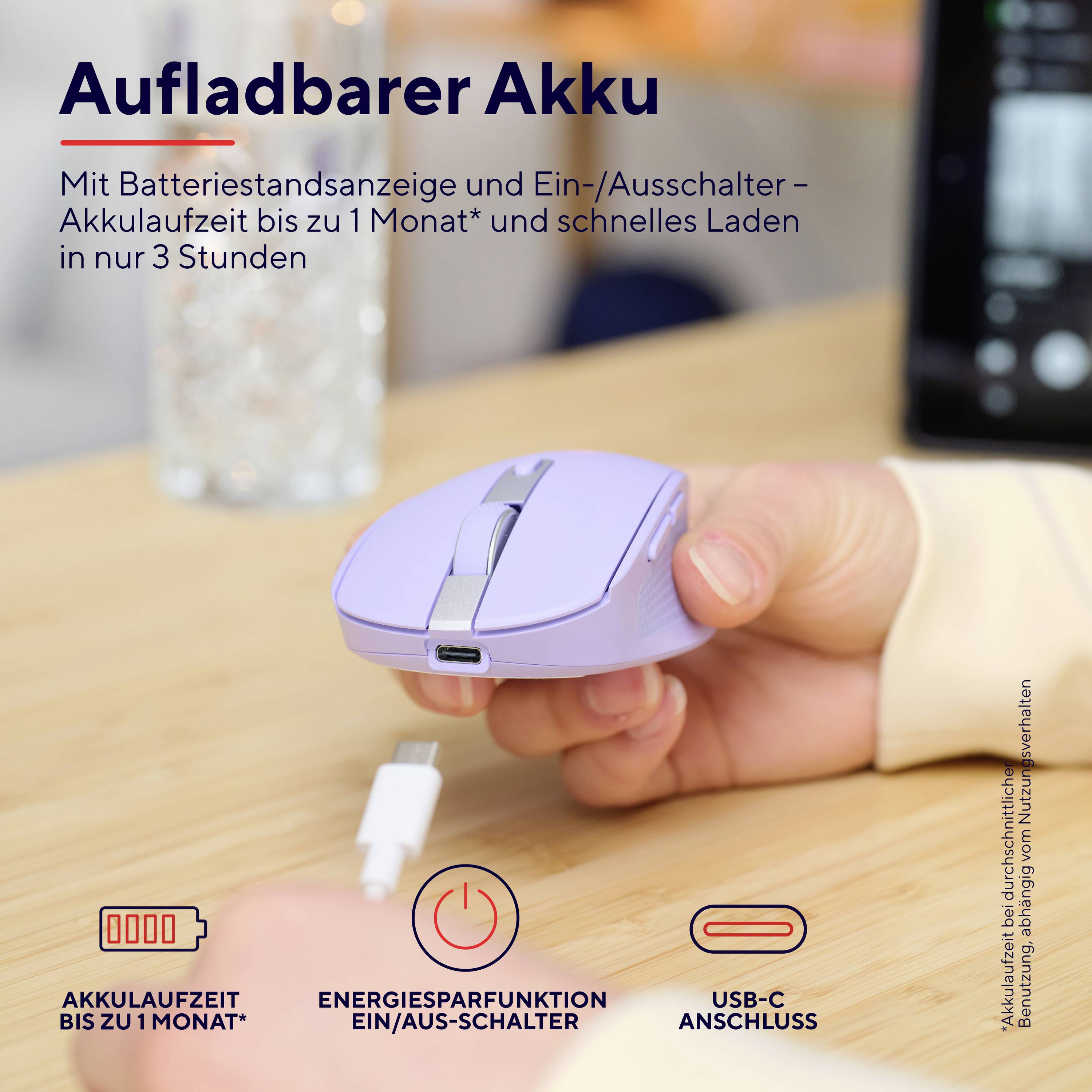 'Kabellose Maus in Lila mit wiederaufladbarem Akku. Langes Akkuleben, schnelles Aufladen in 3 Stunden, USB-C-Anschluss.'