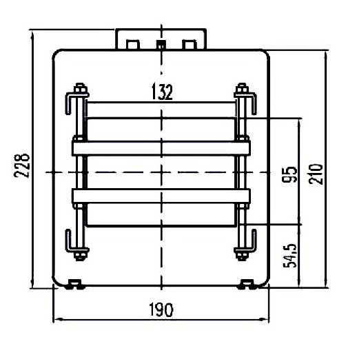 Technische Zeichnung eines quadratischen Bauteils mit detaillierten Maßen: 228 mm Höhe, 190 mm Breite, 132 mm zentrale Komponente.