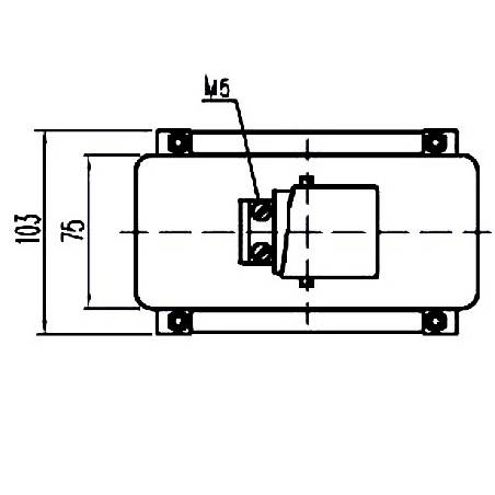 Technische Zeichnung eines rechteckigen Bauteils mit Abmessungen 103 mm x 75 mm. Zeigt Bohrung 'M5' in der Mitte der oberen Fläche.
