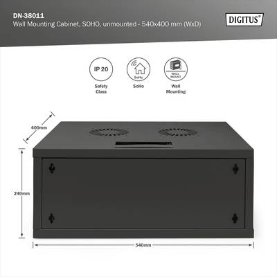 Wandmontageschrank DN-38011, unmontiert, Maße 540x400 mm, Schutzklasse IP20, geeignet für Büro- und Wohnanwendungen, Schwarz.
