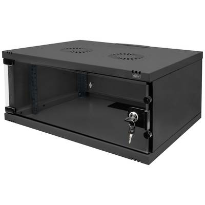 Schwarzes, abschließbares Wandgehäuse mit Glastür, Lüftungsschlitzen und zwei Schlüsseln, geeignet für Netzwerk- oder Serverhardware.