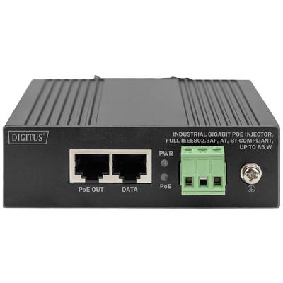 Ein Gigabit PoE-Injector mit zwei Ethernet-Ports, LED-Anzeigen und einem grünen Stromanschluss. Modell: DIGITUS, für industrielle Anwendungen.