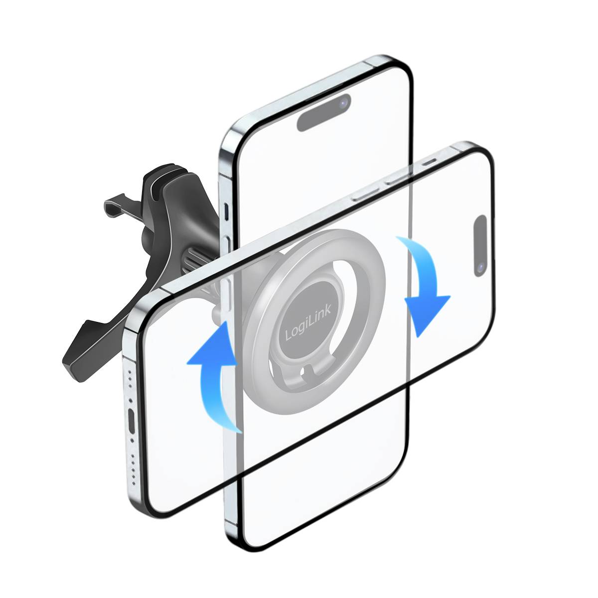 Eine Smartphone-Halterung mit magnetischem Ring, die horizontal und vertikal einstellbar ist, wird auf einer Skizze gezeigt.