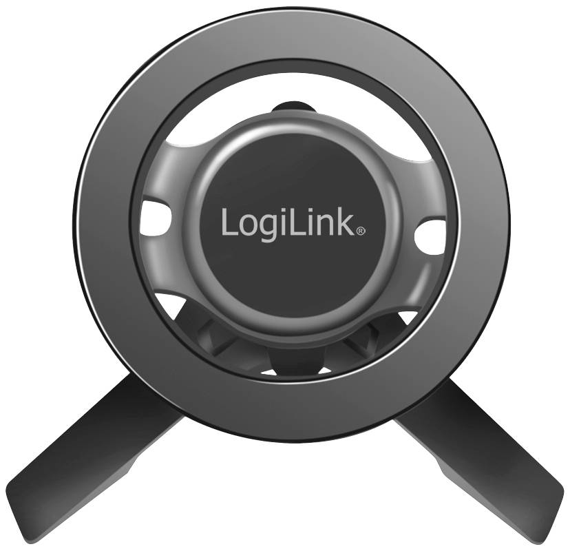 Die Abbildung zeigt einen LogiLink-Halter für Lüfter, in schwarz und rundem Design, mit zwei ausklappbaren Standbeinen.