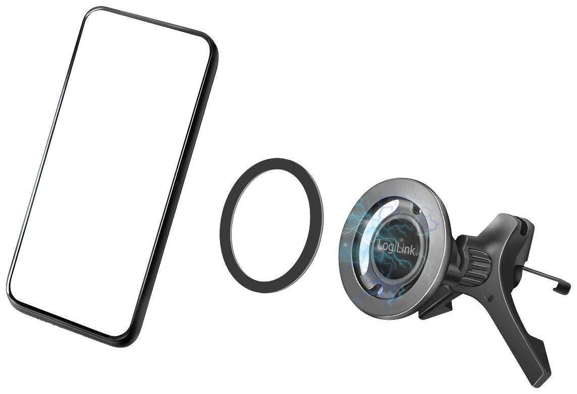 Smartphone und magnetische Autohalterung: Ein Smartphone, ein magnetischer Ring und eine Autohalterung mit Lüftungsschlitzbefestigung.