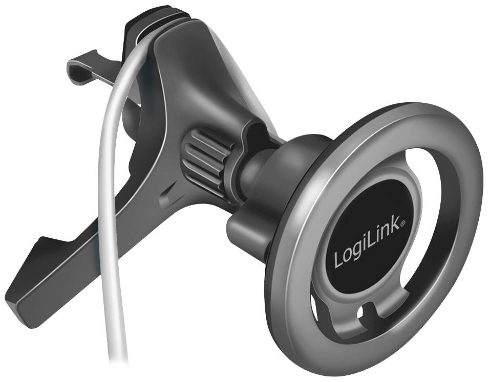 Eine schwarze Kfz-Handyhalterung von LogiLink, die einen silbernen Ring zur Befestigung besitzt. Ein Kabel ist an der Halterung angebracht.