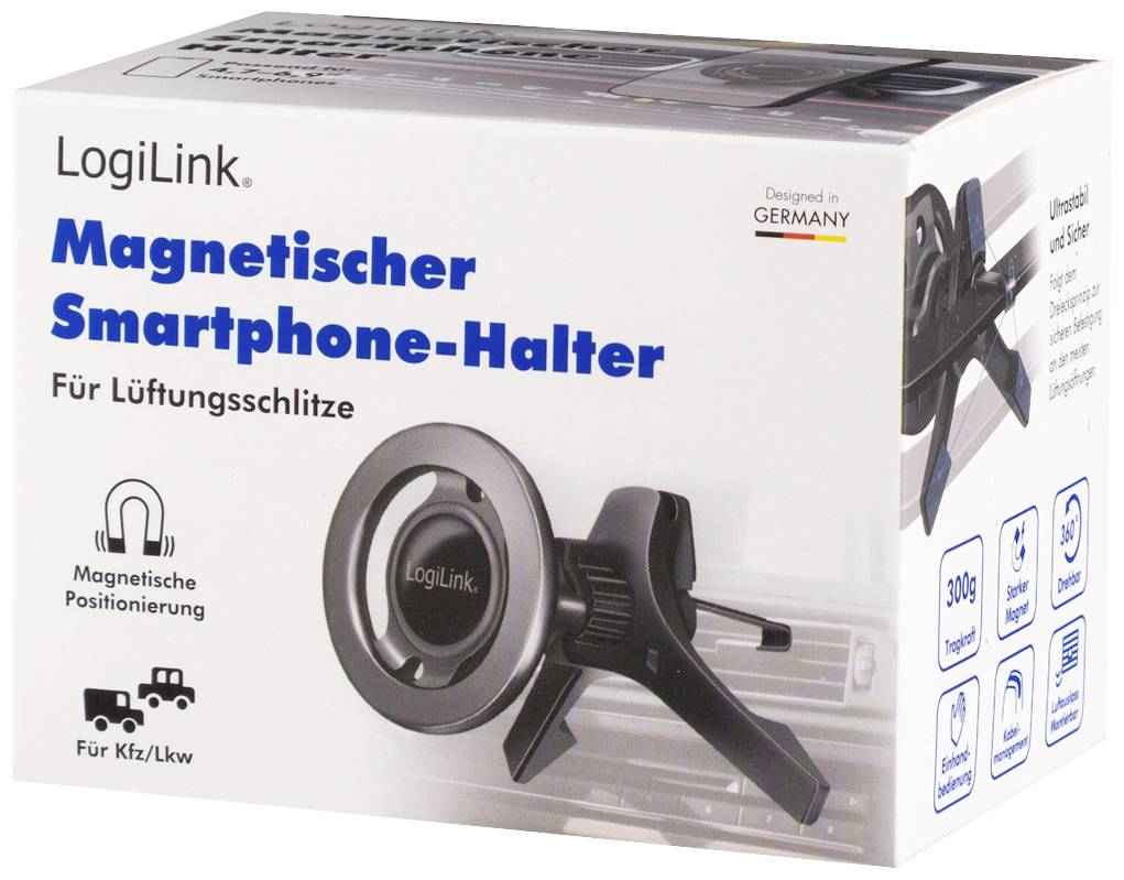 Verpackung eines magnetischen Smartphone-Halters von LogiLink für Lüftungsschlitze, mit Hinweis 'Für Kfz/Lkw' und 'Magnetische Positionierung'.