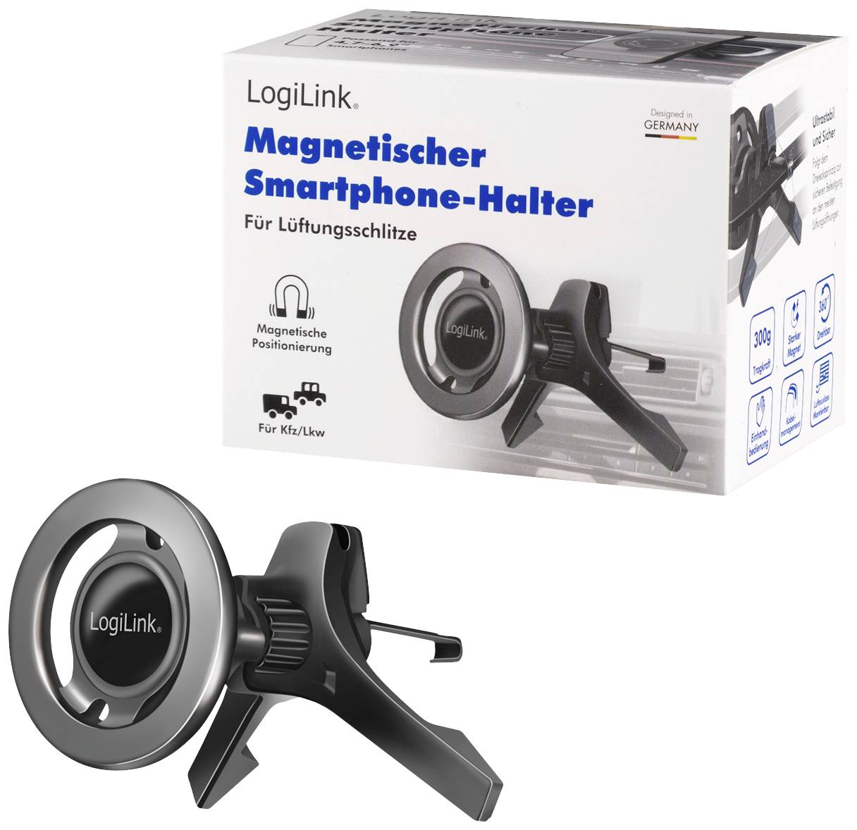 'LogiLink magnetischer Smartphone-Halter für Lüftungsschlitze, geeignet für Kfz/Lkw, verpackt in einer Schachtel mit Produktabbildung.'
