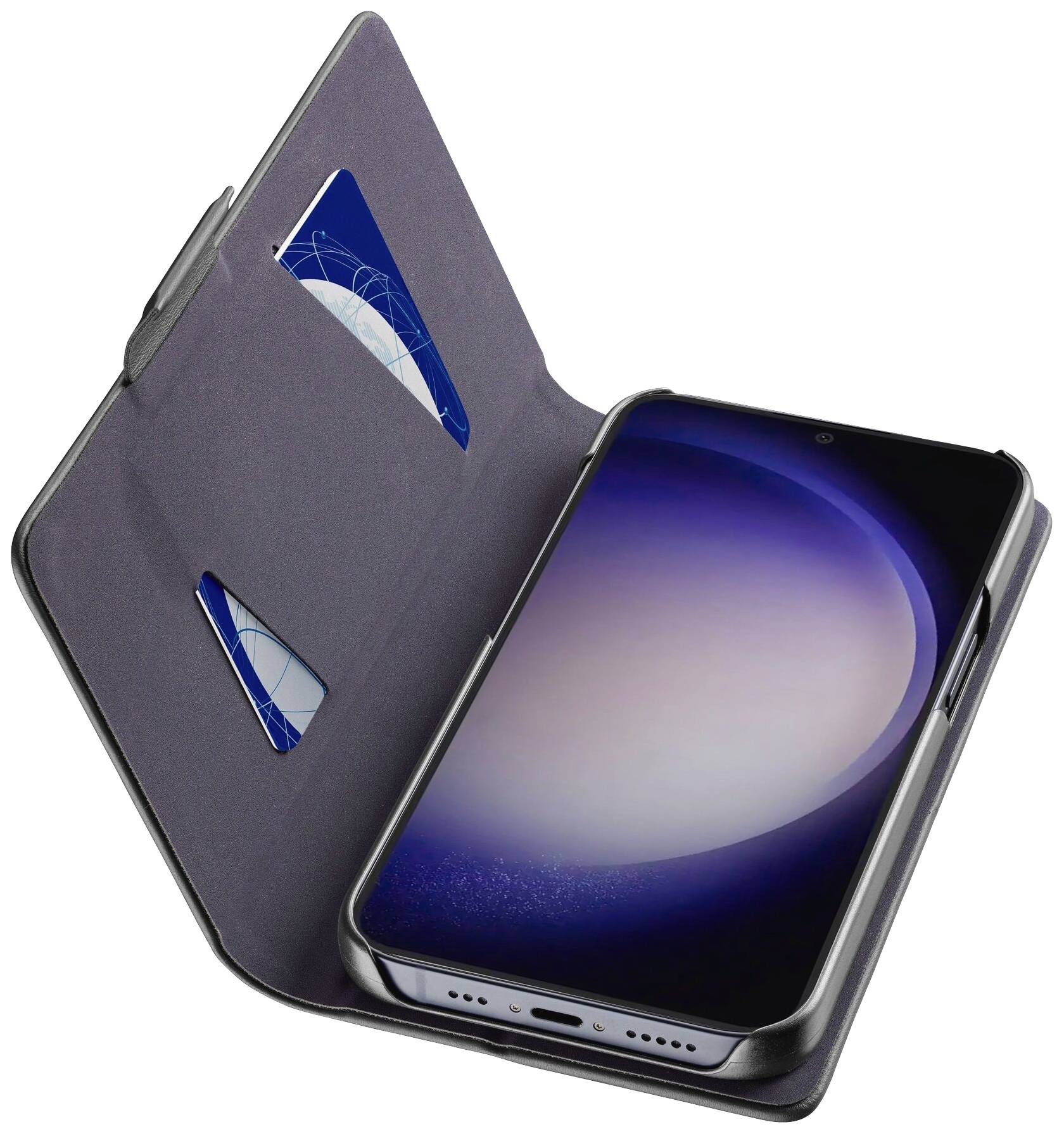 Ein Smartphone in einer schwarzen Schutzhülle mit Platz für Kreditkarten. Der Bildschirm zeigt ein abstraktes, blau-violettes Bild.