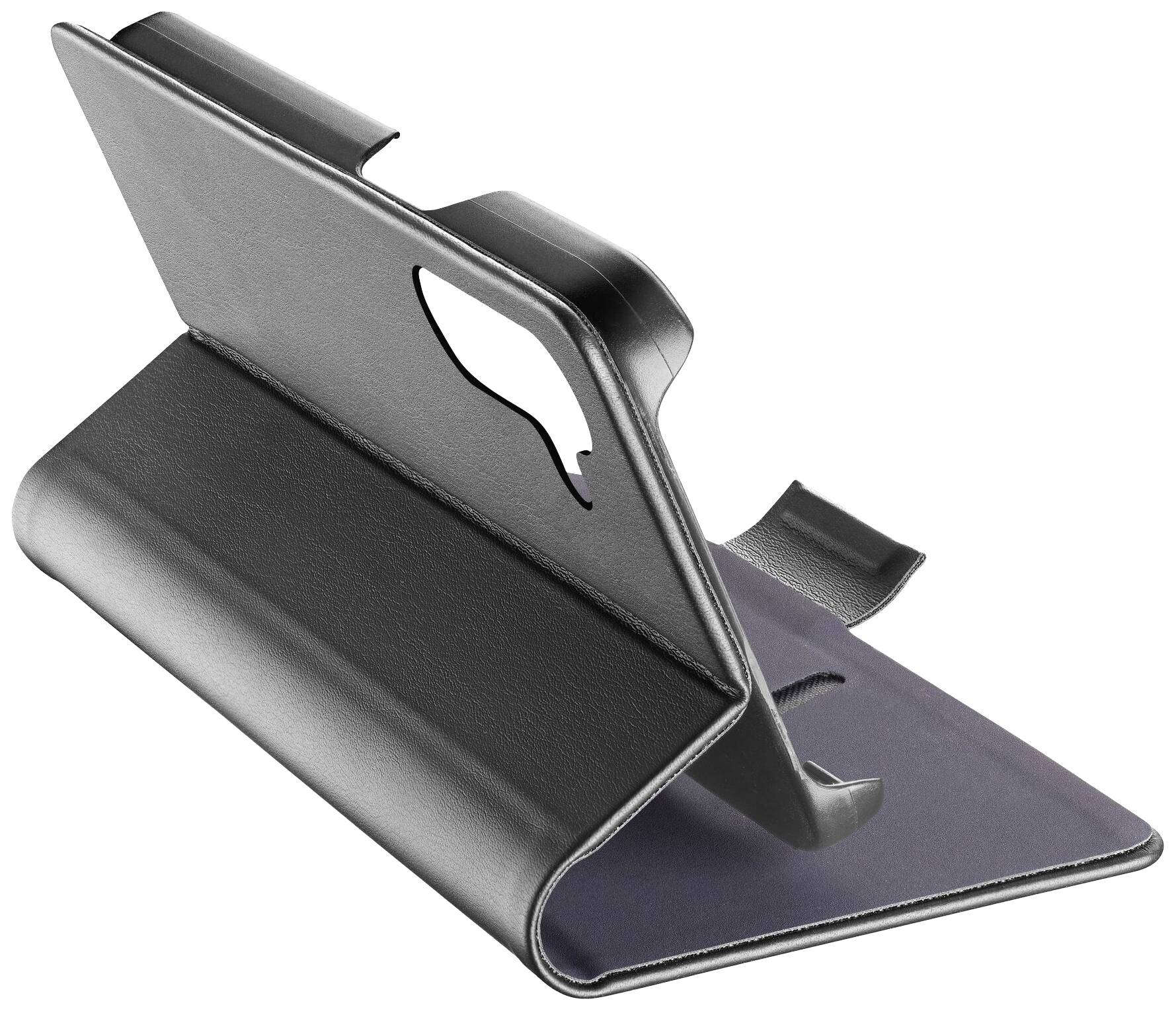 Schwarze Smartphone-Hülle, die als Ständer dient, auf einem weißen Hintergrund. Ideal für freihändiges Ansehen von Videos.