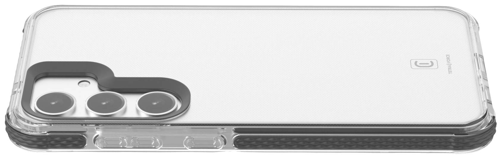 Ein transparentes Handycase mit drei Kameraausschnitten und einer strukturierten Unterseite, auf einem weißen Hintergrund platziert.