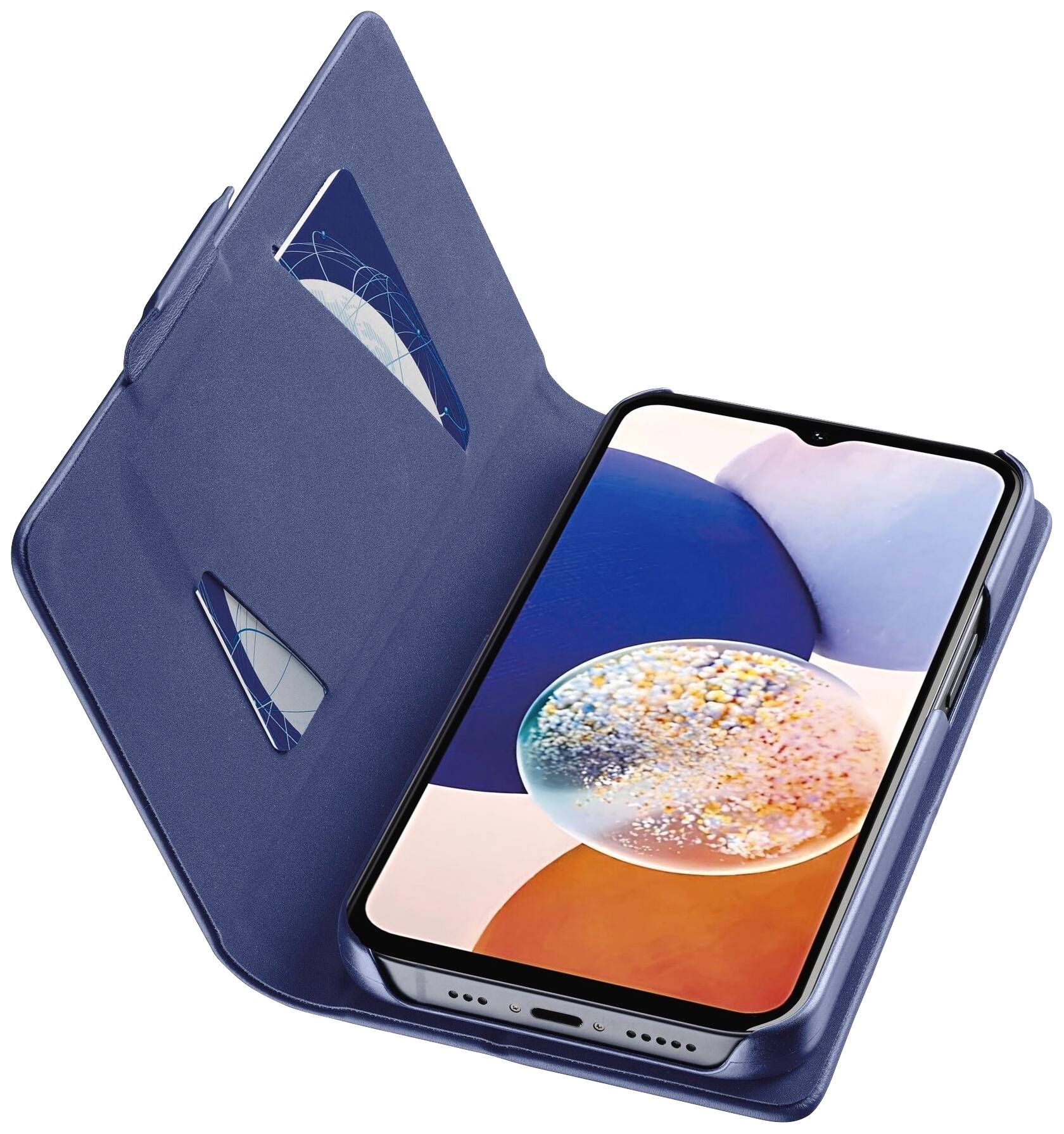 Ein Smartphone in einer blauen Hülle mit geöffnetem Deckel. Auf dem Display ist ein farbenfrohes, abstraktes Hintergrundbild zu sehen.