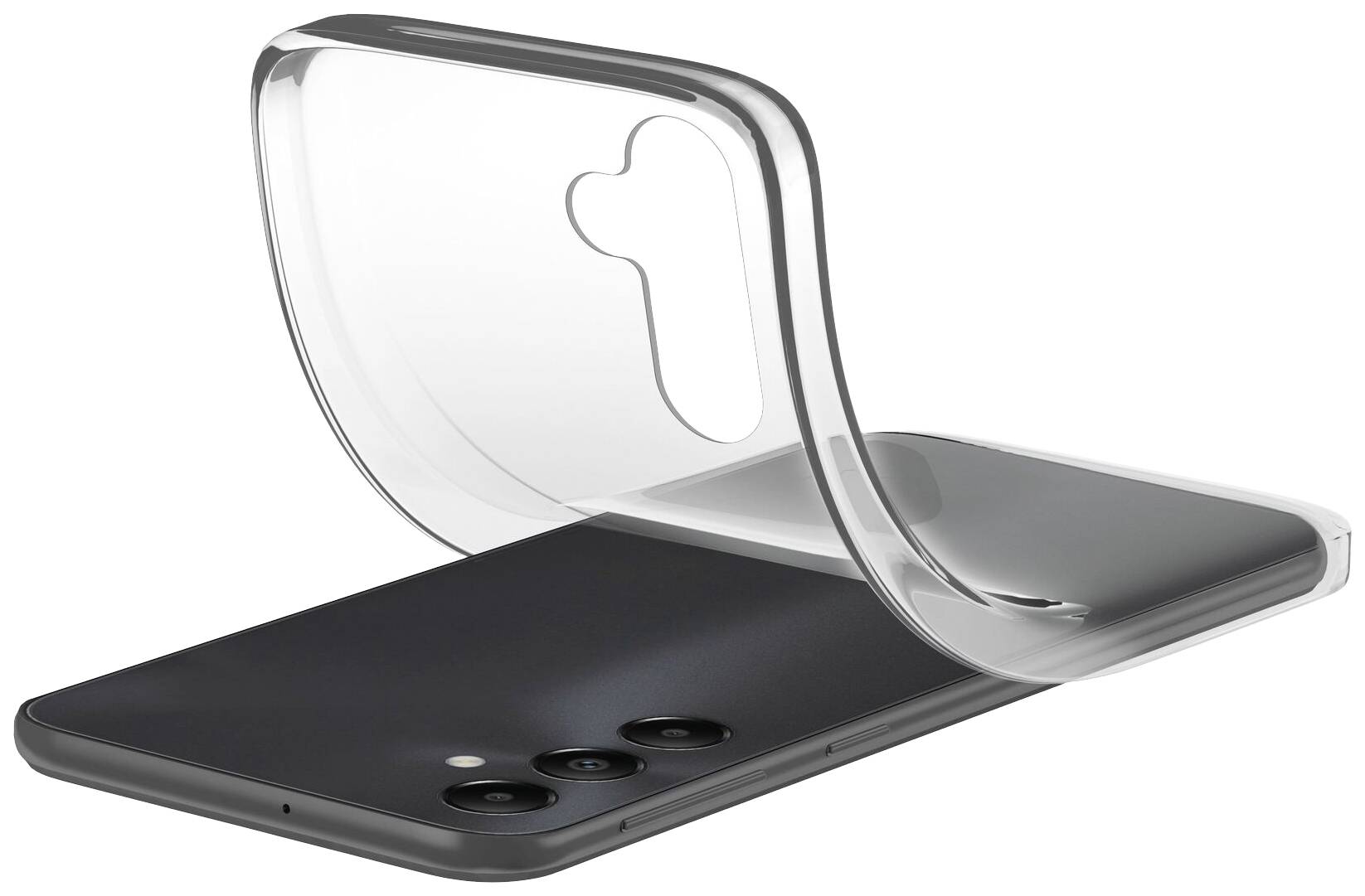 Ein schwarzes Smartphone mit drei Kameralinsen liegt auf einer ebenen Fläche. Eine transparente Schutzhülle ist halb über das Gerät gezogen.