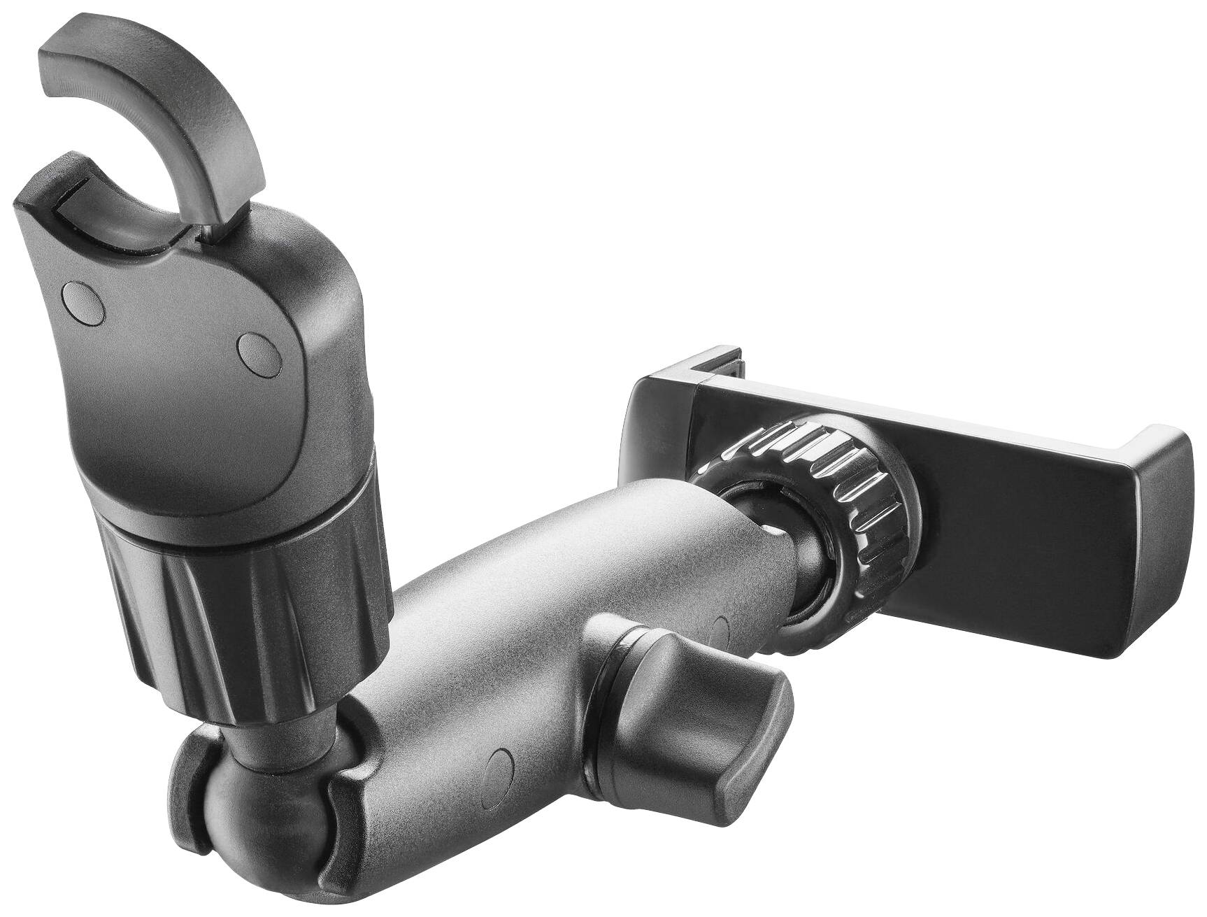 Handyhalterung in Schwarz mit einem flexiblen Arm und einem verstellbaren Clip, geeignet zur Befestigung an einem Fahrradlenker.
