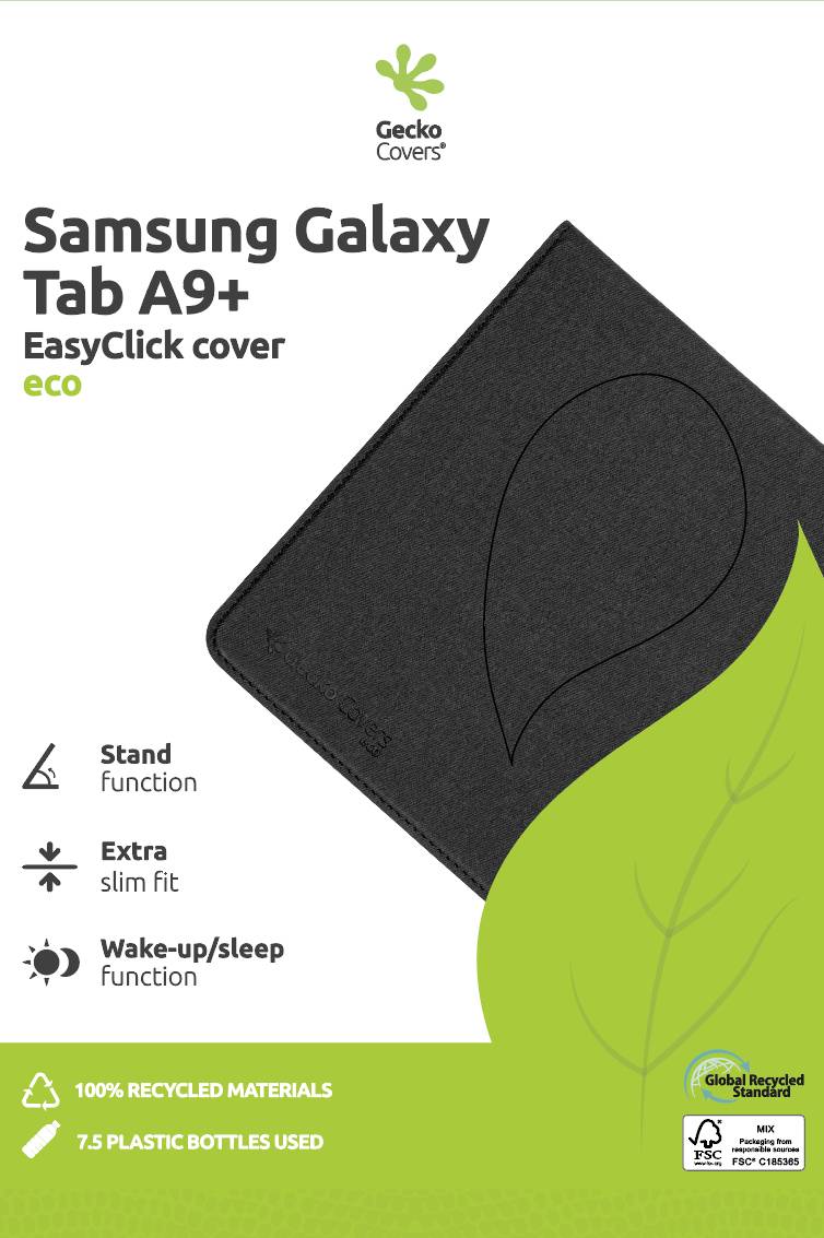 Samsung Galaxy Tab A9+ Hülle mit Standfunktion und Wake-up/Schlaf-Funktion, extra schlank. Hergestellt aus 100% recycelten Materialien.