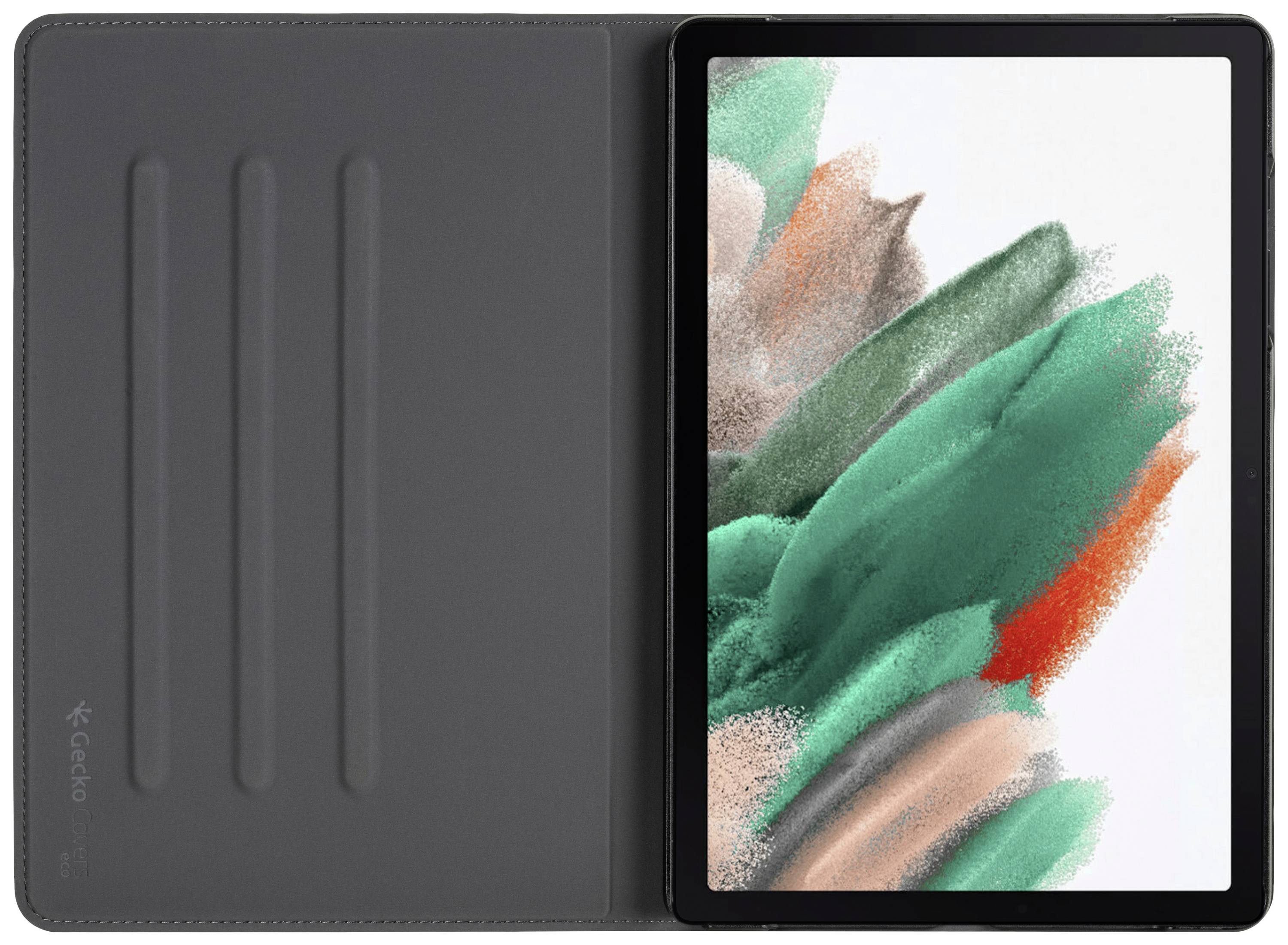 Offenes Tablet mit schwarzer Schutzhülle. Der Bildschirm zeigt ein abstraktes, mehrfarbiges Kunstbild mit grünen und roten Farbtönen.