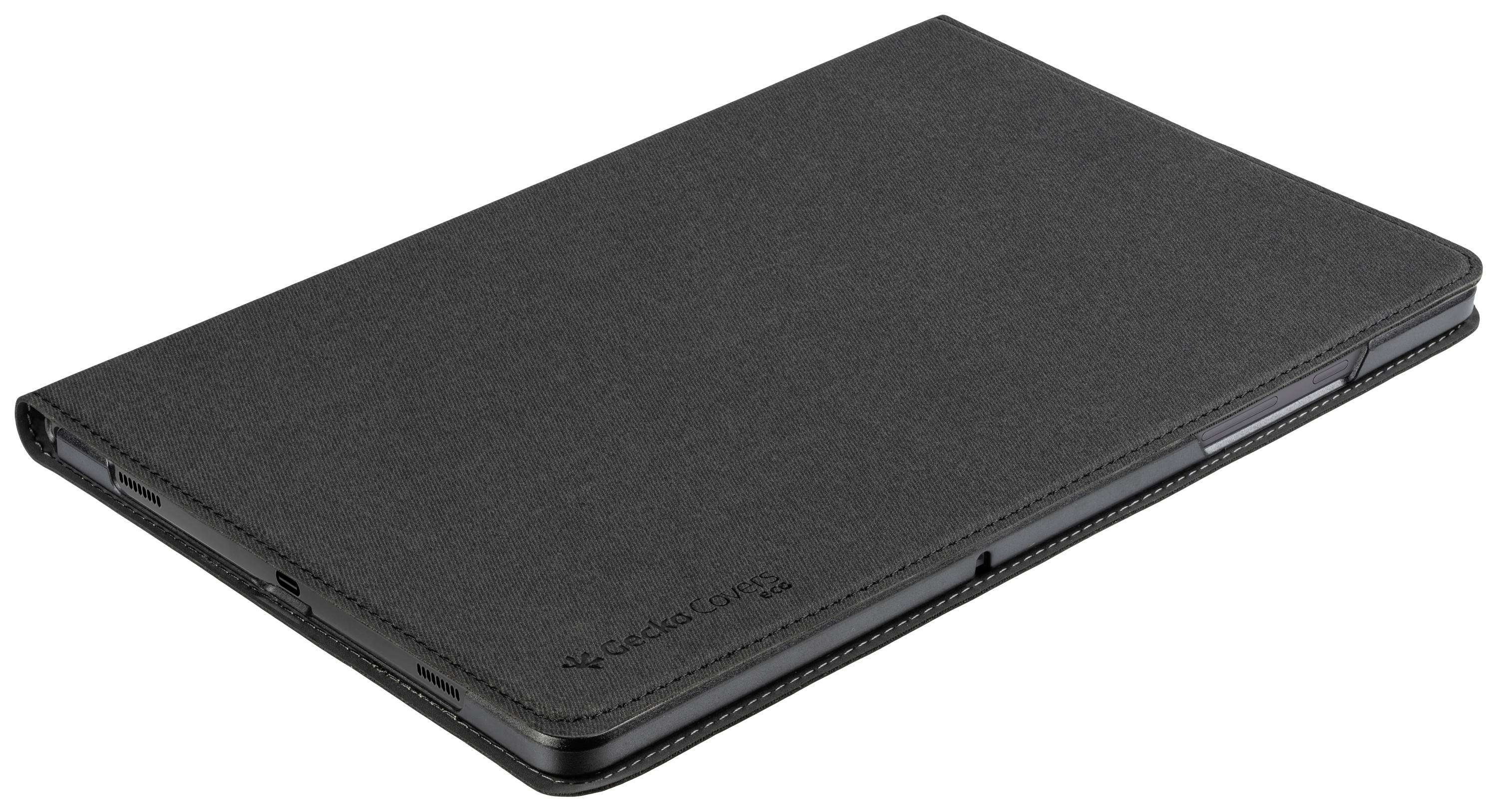 Ein geschlossenes, schwarzes iPad-Case mit dem eingeprägten Logo 'escape lux case'.