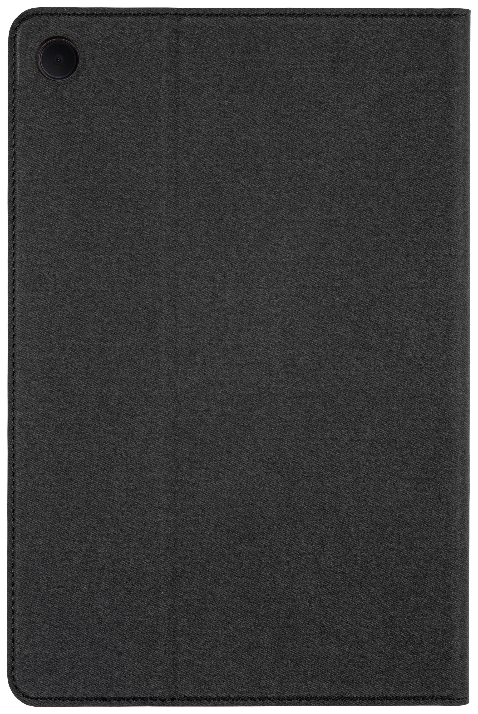 Schwarzes Tablet in einer schützenden Hülle, Ansicht von hinten. Oben links befindet sich eine Kameraöffnung.
