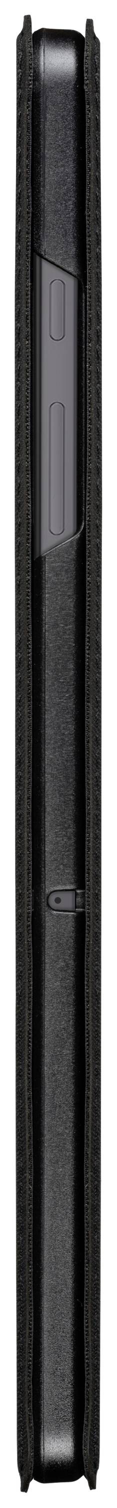 Ein geschlossenes Smartphone in einem schwarzen Hülle abgebildet. Blick auf die rechte Seitenansicht, betont die schlanke Form.
