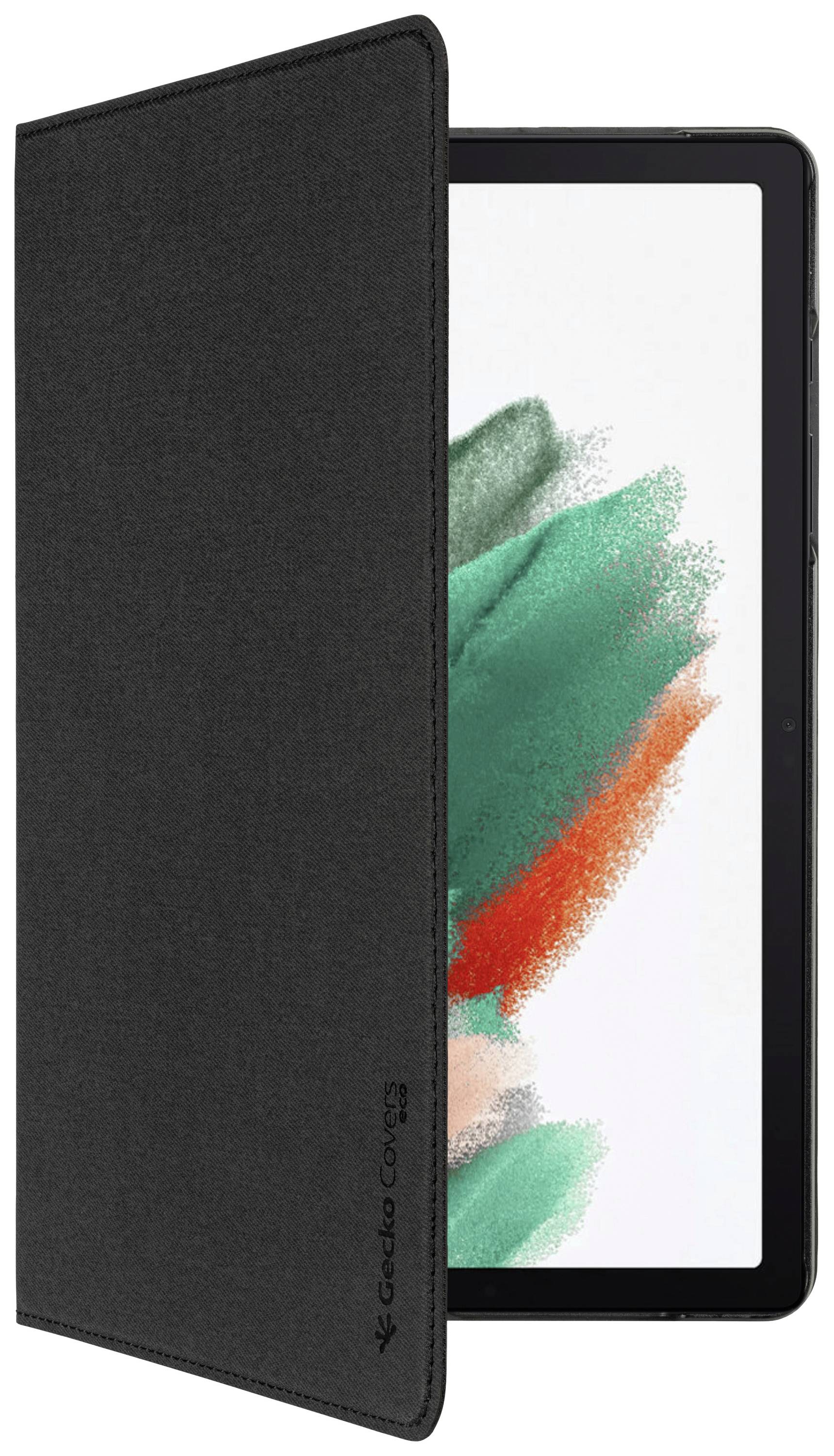 Tablet mit schwarzer Hülle, halb geöffnet. Der Bildschirm zeigt farbige, abstrakte Kunst in Rot, Grün und Weiß.