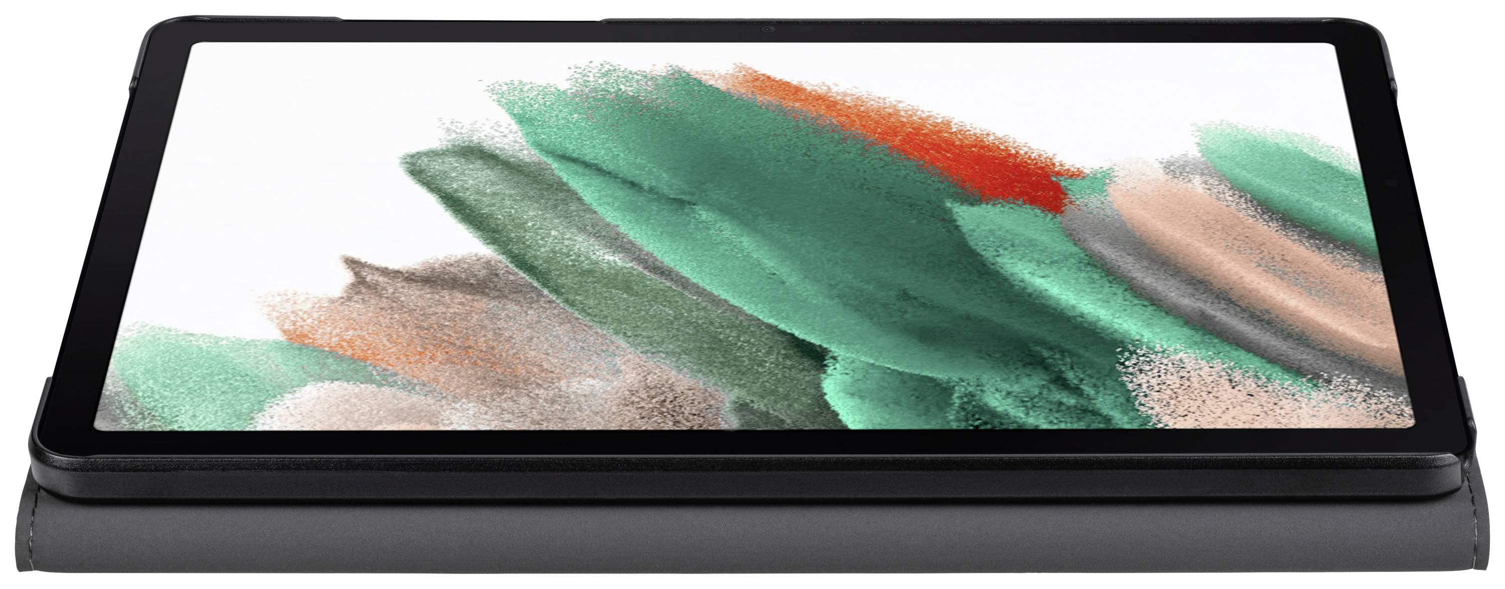 Ein Tablet mit einem farbenfrohen Bildschirmdesign in Grün, Orange und Braun, auf einem schwarzen Gehäuse liegend.