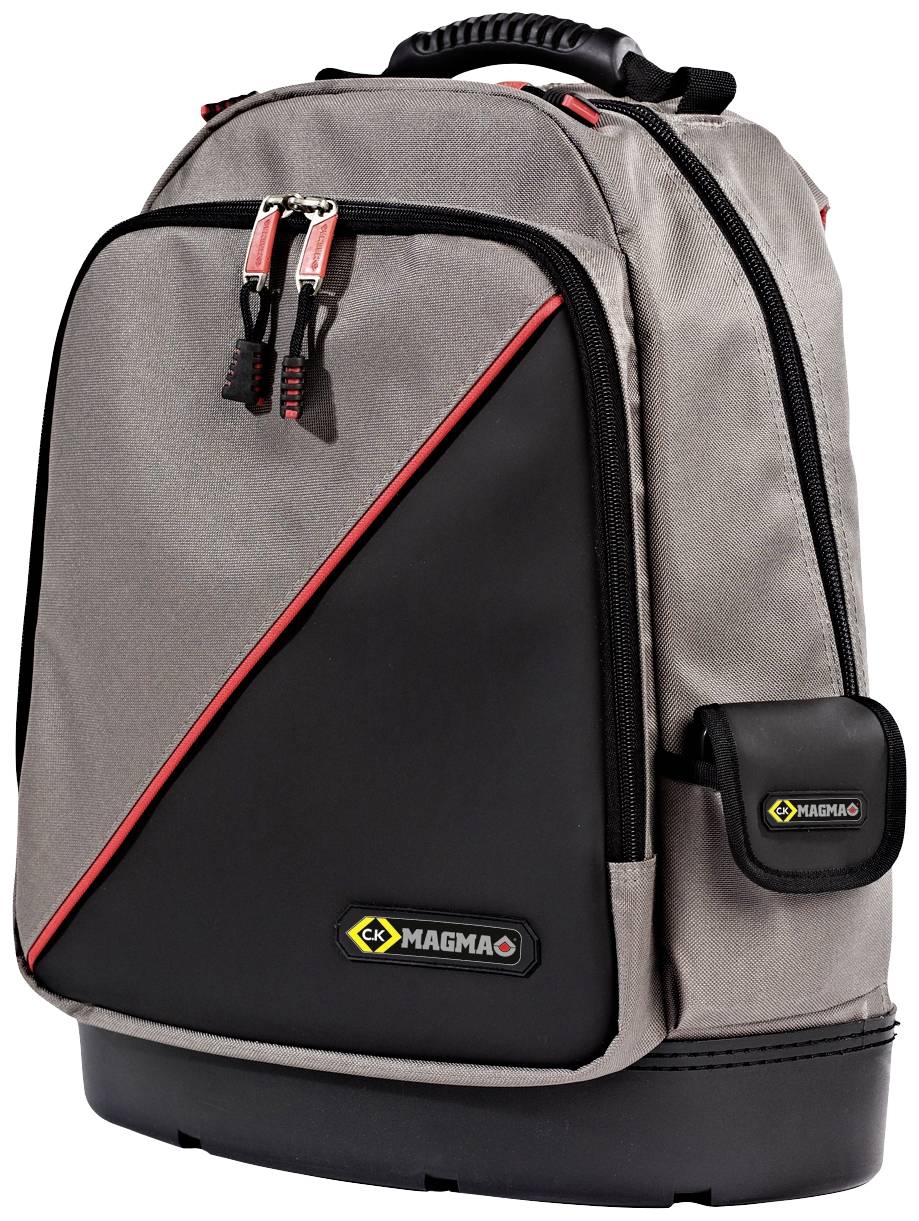 Ein grauer Rucksack mit schwarzen und roten Akzenten, mehreren Fächern und einem Logo auf der Vorderseite. Ideal für Transport und Aufbewahrung.