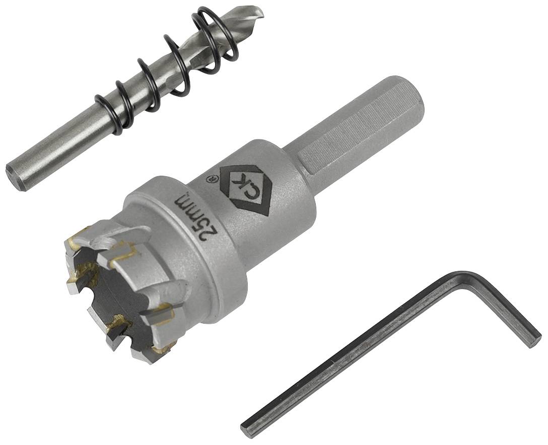 Bohrkrone mit 25 mm Durchmesser, spiraliger Metallbohrer und Inbusschlüssel. Zusammen gehören sie zu einem Bohrset.