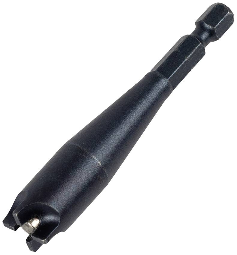Ein schwarzer Bohrgewindeschneider mit zylindrischer Form und Spitze, geeignet für handwerkliche oder industrielle Anwendungen.
