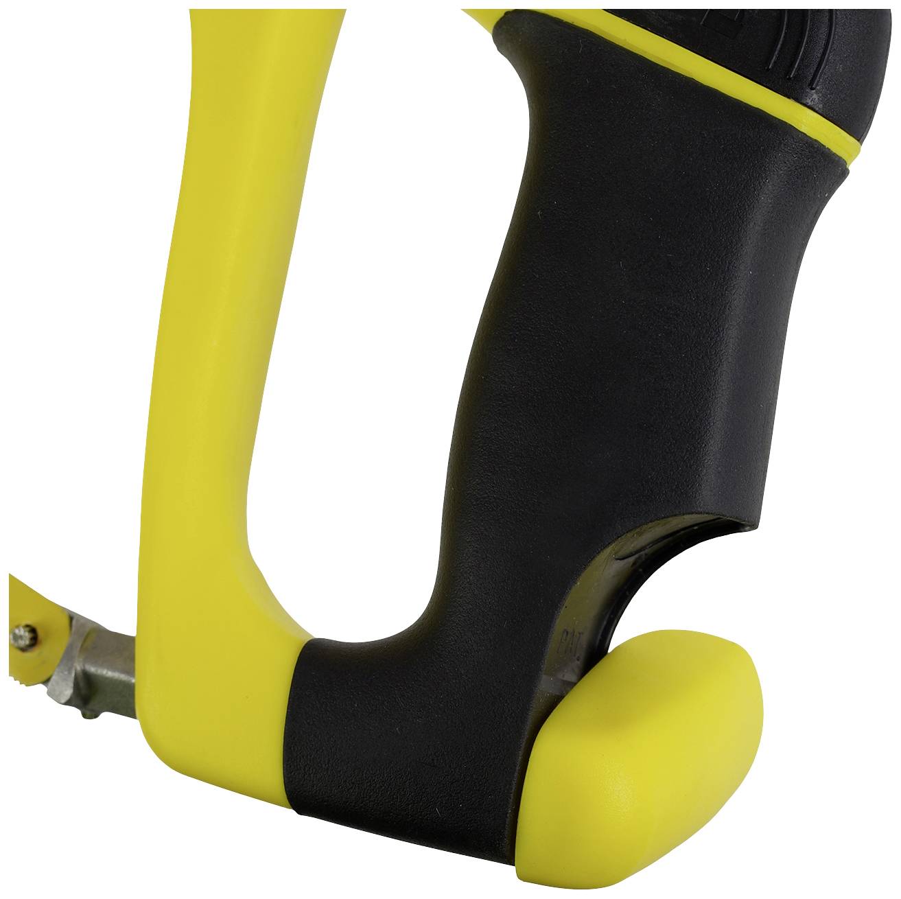 Gelber Griff einer Gartenschere mit schwarzer Gummibeschichtung für ergonomischen Halt.