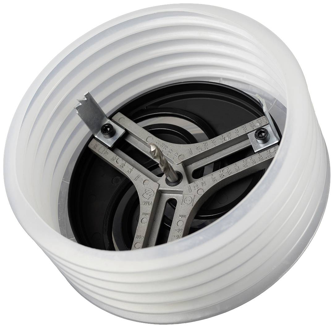 Ein verstellbarer Lochschneider mit Kunststoffabdeckung und Klingen, geeignet für das Bohren runder Löcher in verschiedene Materialien.