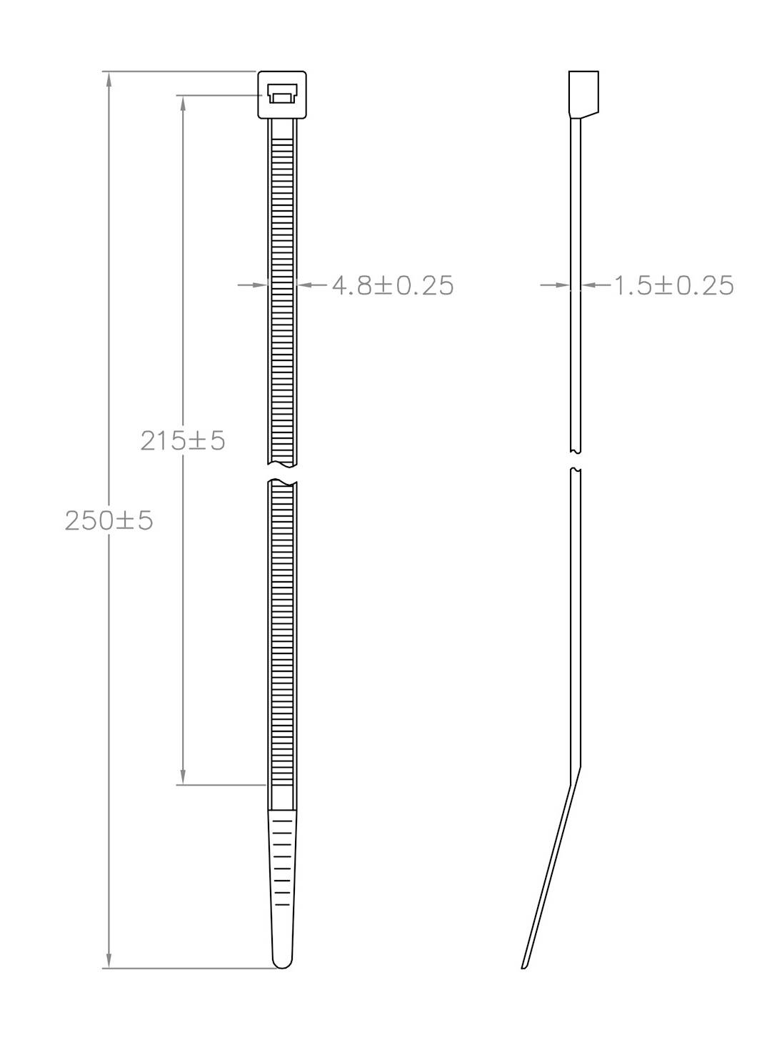 Technische Zeichnung eines Kabelbinders mit Maßen: Länge 250±5 mm, Breite 4,8±0,25 mm. Markierungen bei 215±5 mm, Detailansicht der Verriegelung.