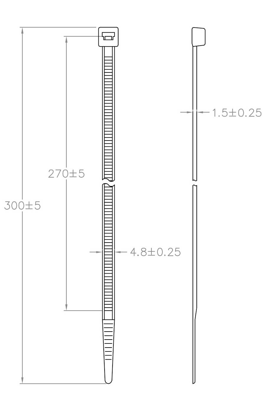 Diagramm einer Kabelbinder-Abmessung: Länge 300 mm, Einrastmechanismus wird hervorgehoben. Seitliche Ansicht zeigt Dicke von 1,5 mm.