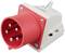 Roter Industriestecker mit fünf Metallstiften auf einem weißen Kunststoffgehäuse, geeignet für Hochstromanwendungen.