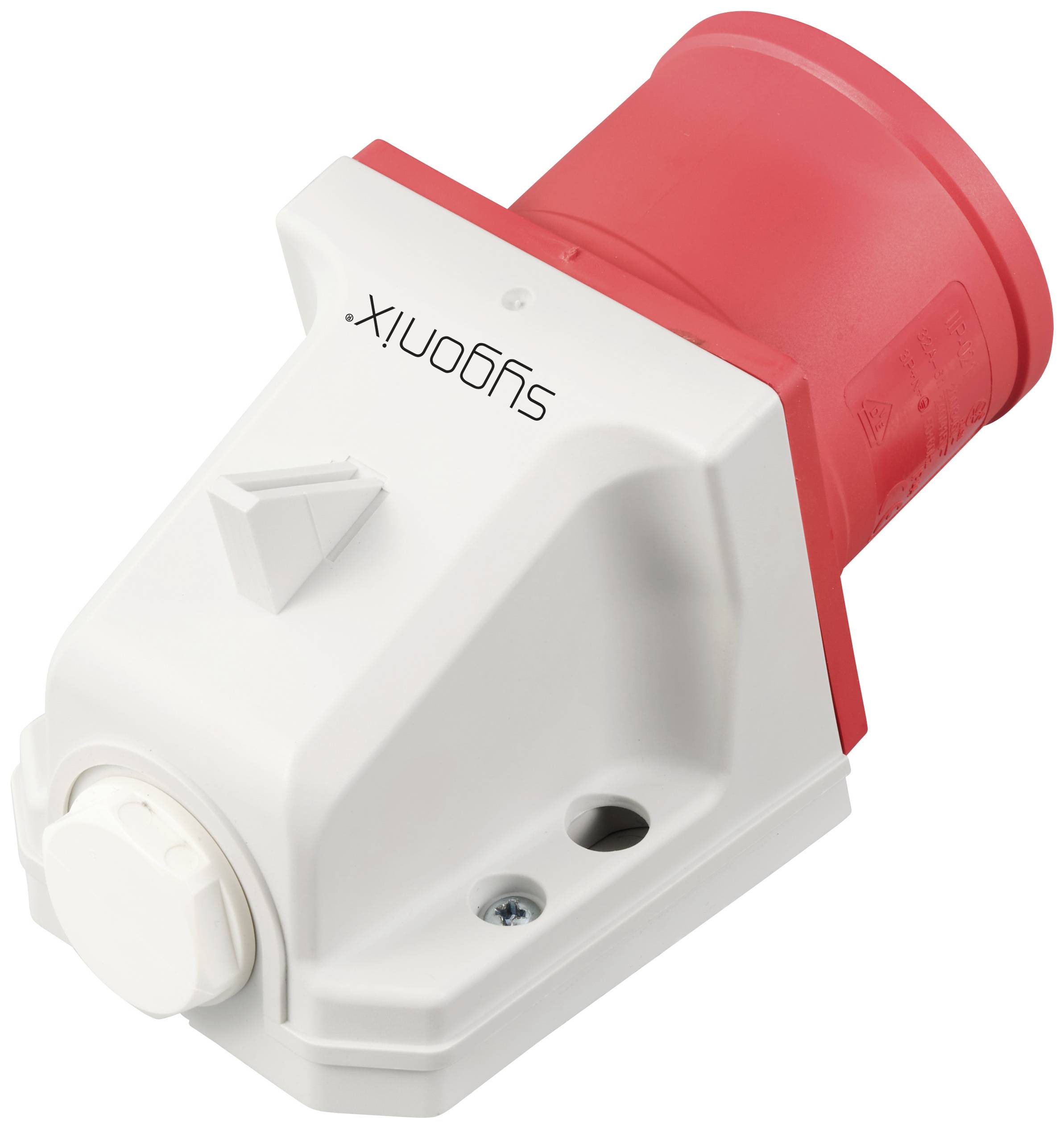 Elektrischer Steckverbinder, rot-weiß, an der Wand montiert. Geeignet für industrielle Anwendungen. Markiert mit 'SuconiX'.