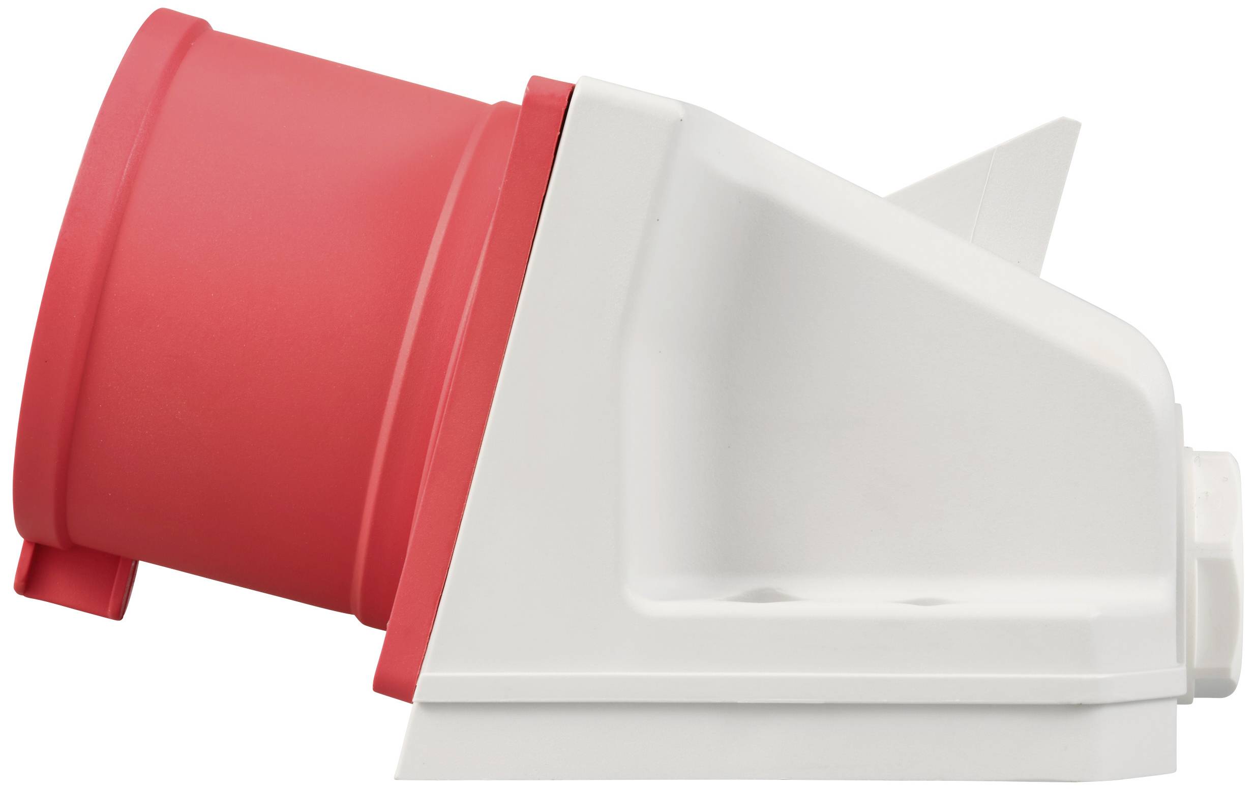 Industrie-Steckdose, rot und weiß, seitlich abgebildet. Geeignet für hohe Strombelastung in industriellen Anwendungen.