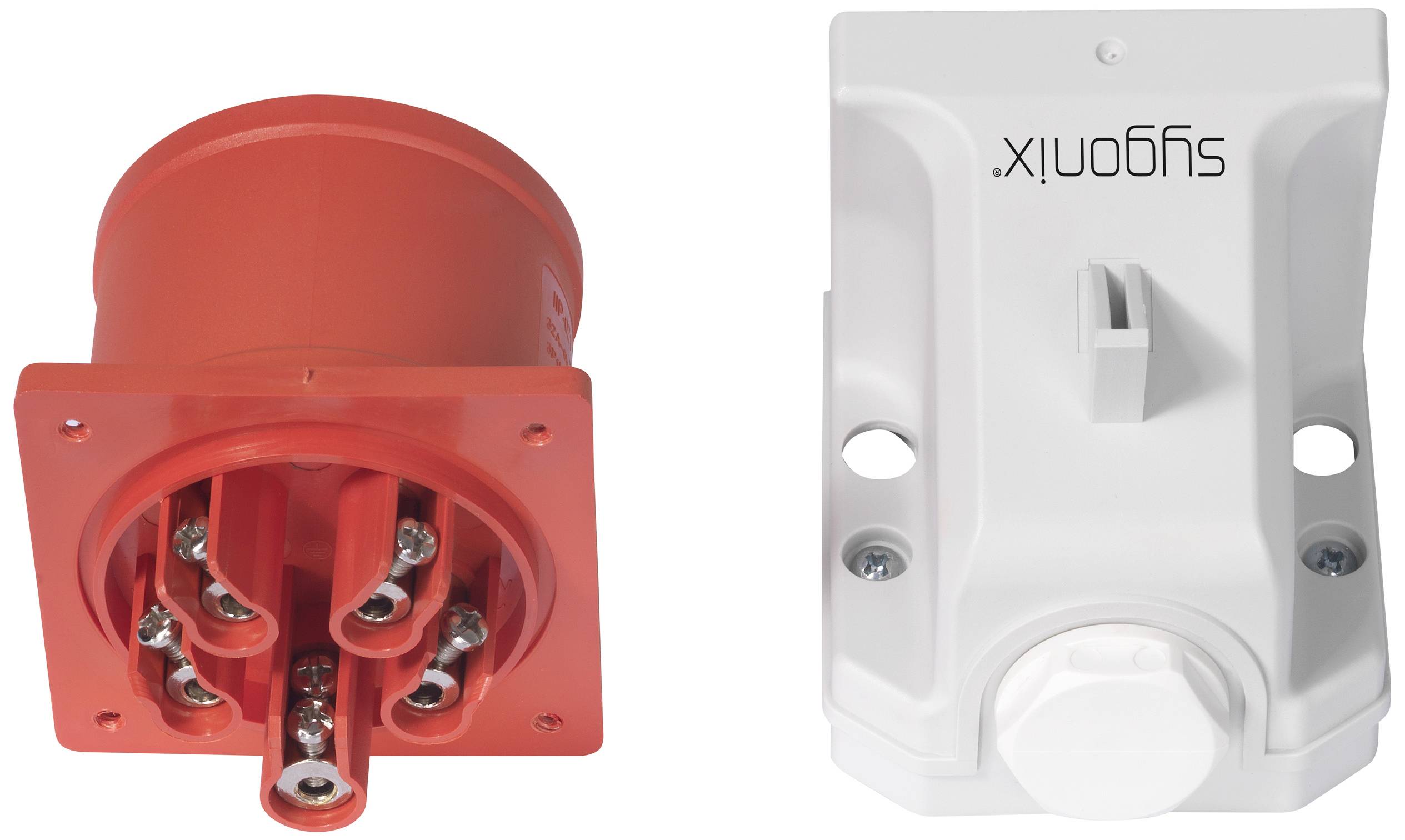 'Rote Steckdose und weißer Gehäuse-Schalter von Sygonix nebeneinander.'