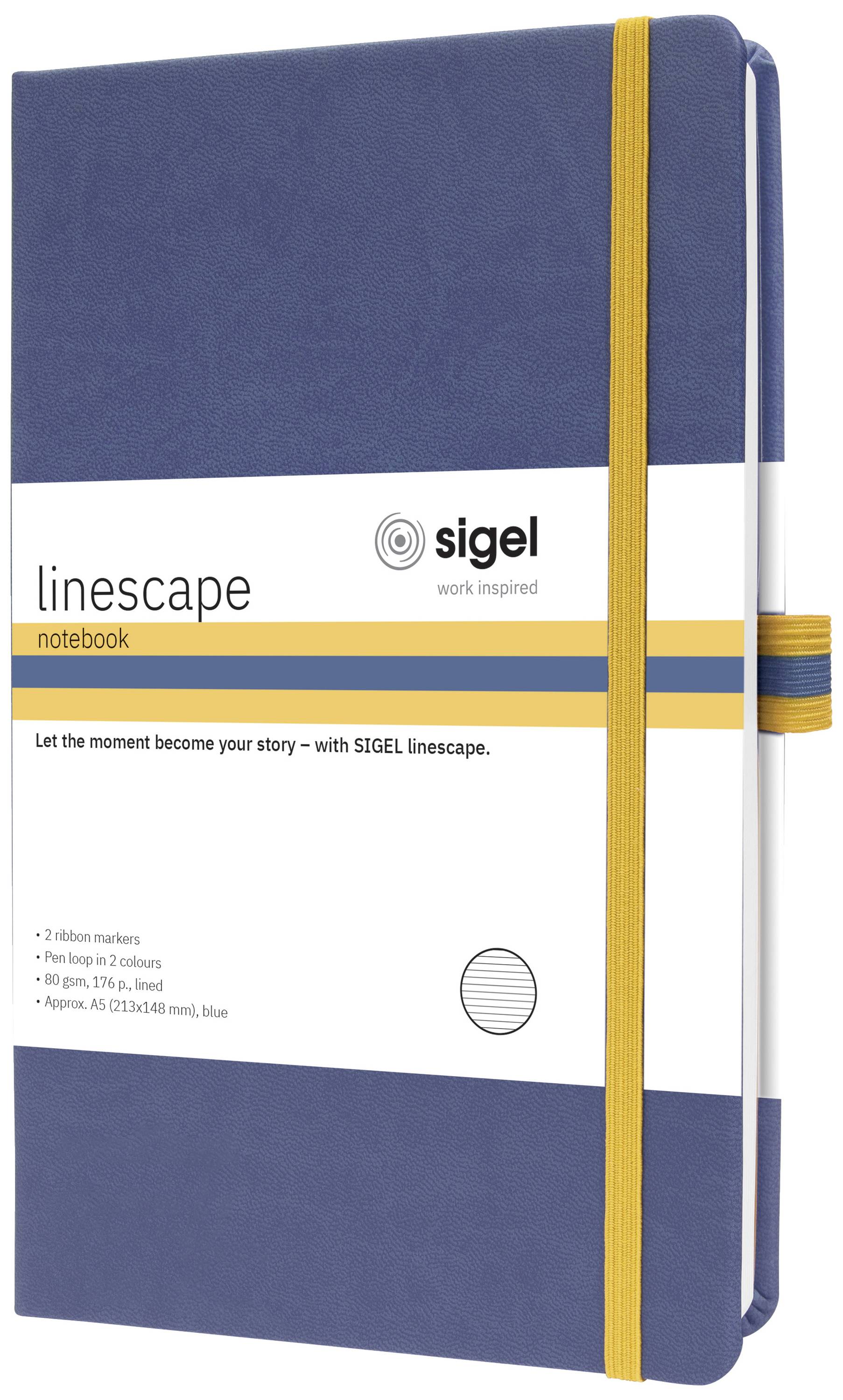Blaues Notizbuch von Sigel mit gelbem Elastikband und zwei Lesebändchen. Auf dem Cover steht 'linescape notebook'.