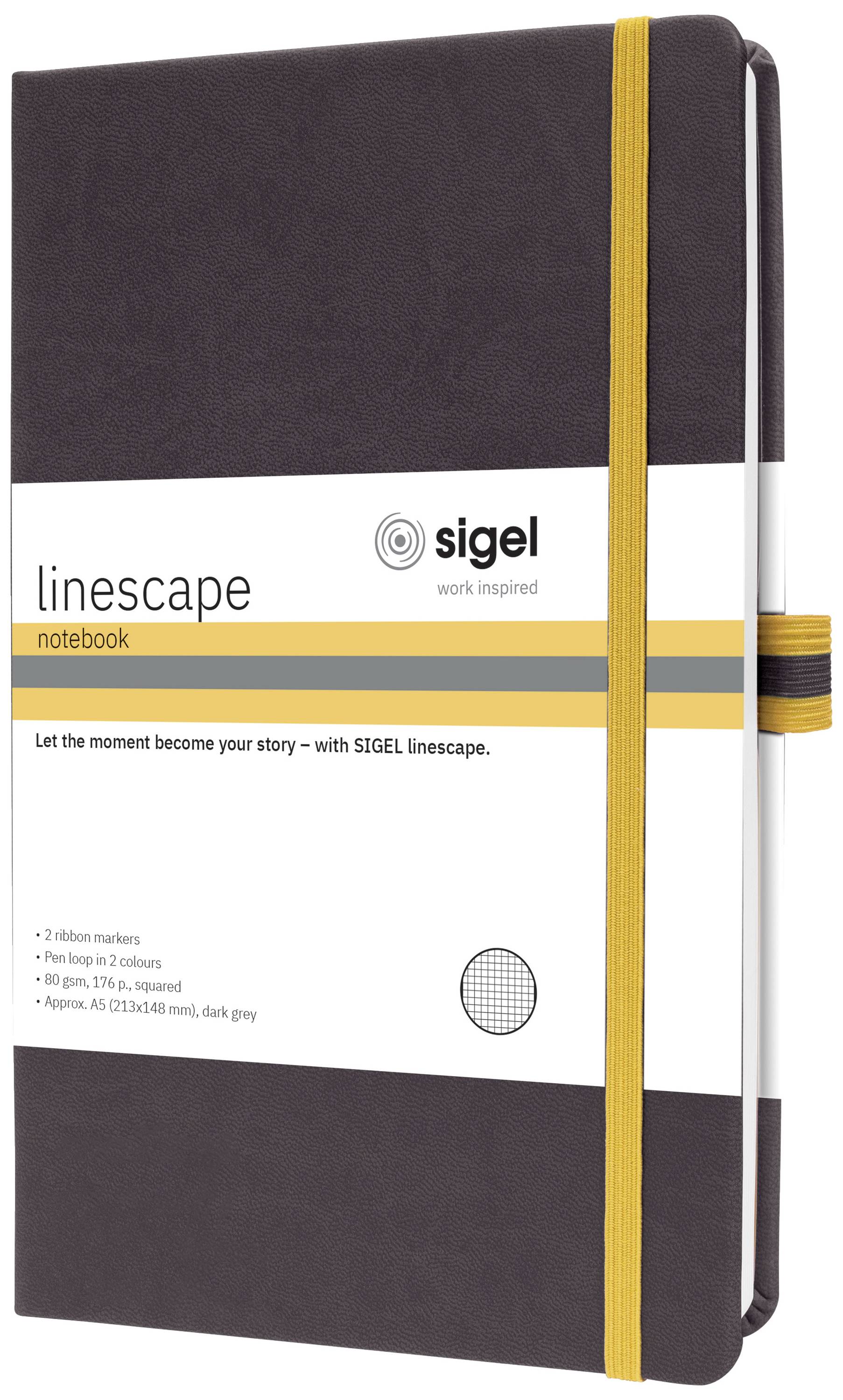 Notizbuch 'linescape' von Sigel in dunklem Grau mit gelbem Band. Enthält 2 Lesezeichenbänder, Stiftschlaufe, Format A5, 80 Seiten.