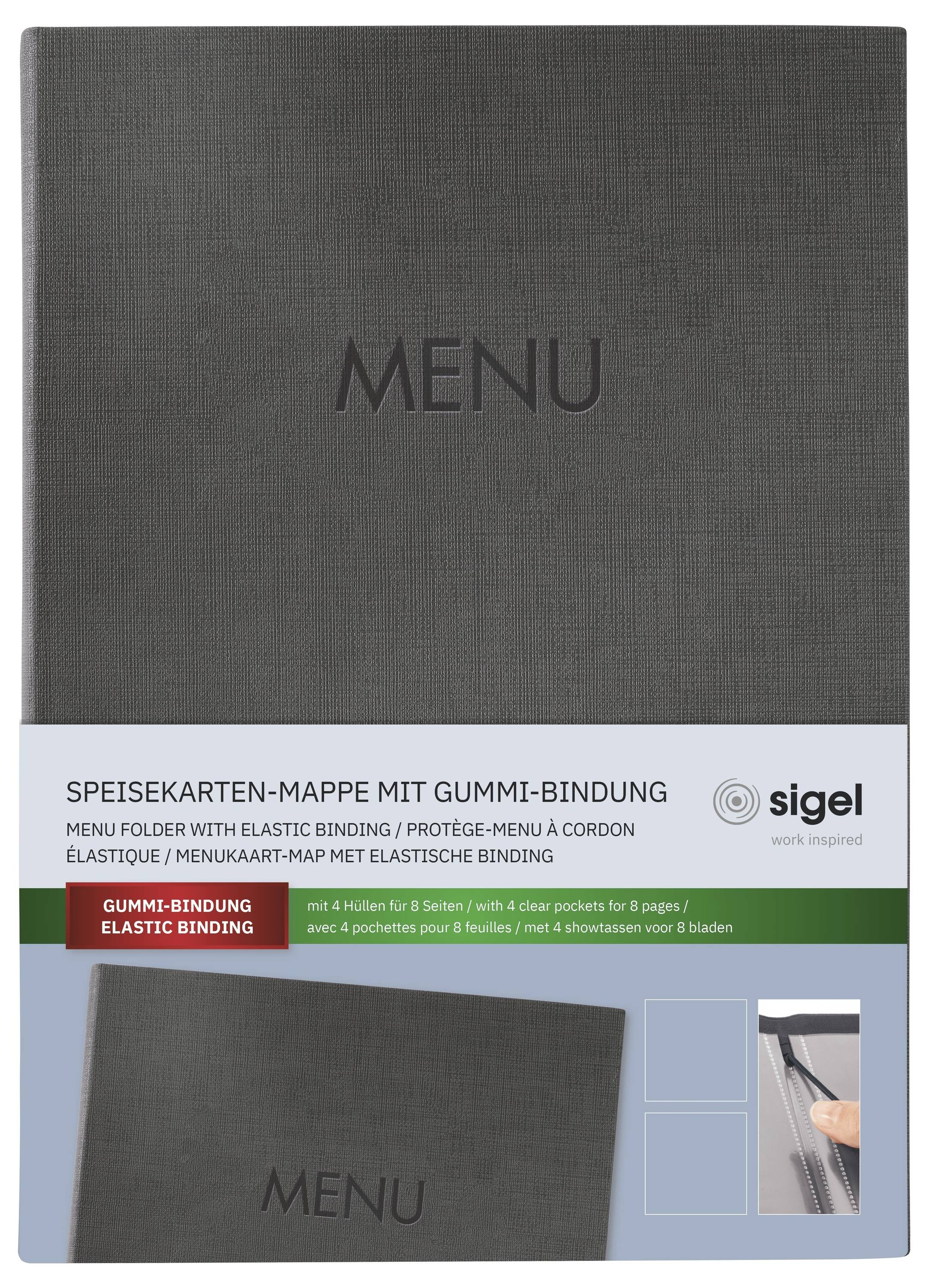 Produktverpackung für einen dunkelgrauen "MENU"-Menüordner mit elastischer Bindung, dargestellt mit deutschen und englischen Etiketten und einem Produktfoto.