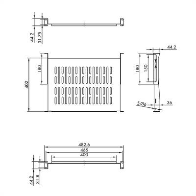 Technische Zeichnung eines Gitters mit Maßen: Breite 482,6 mm, Höhe 180 mm. Zeigt Vorderansicht und Seitenansicht mit Detailmaßen.