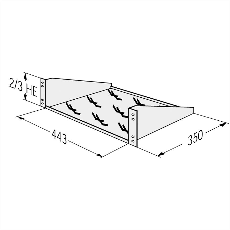 Zeichnung eines Regalbodens mit Maßen: Breite 443 mm, Tiefe 350 mm, Höhe 2/3 HE. Pfeile weisen auf Schraubpunkte hin.