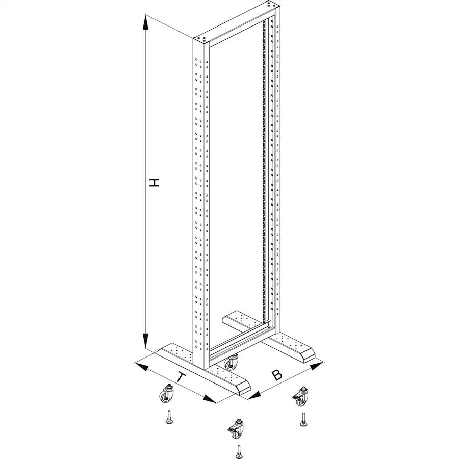 Technische Zeichnung eines offenen Server-Racks mit Abmessungen H (Höhe), B (Breite), T (Tiefe) und Montageelementen.