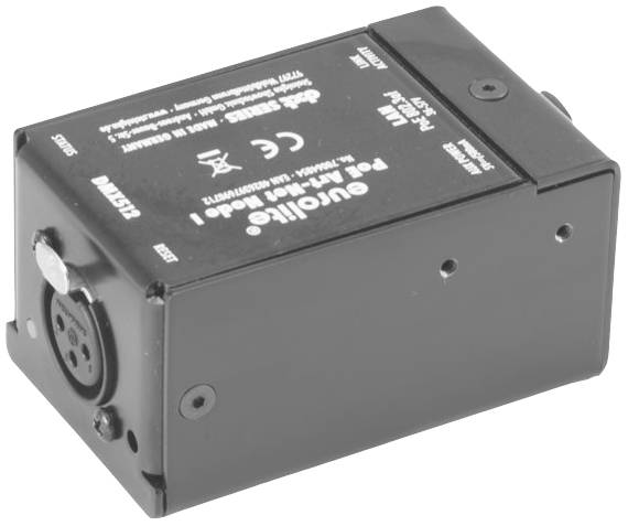 Schwarzes Gerät in rechteckiger Form mit Anschlüssen und weißen Beschriftungen auf der Oberfläche, wohl ein Elektronikmodul.