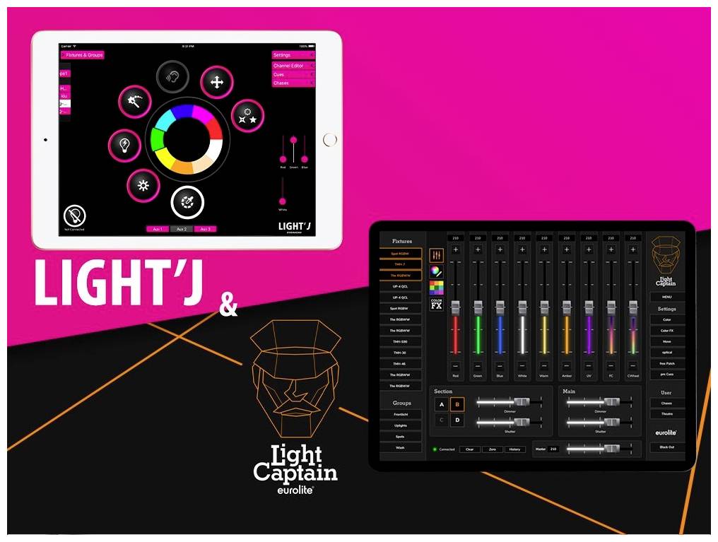 Tablets mit Steuerungssoftware für Licht- und Bühnenbeleuchtung vor einem pink-schwarzen Hintergrund. Links eine App mit Leuchtfarben. Rechts ein Mischpult mit Reglern.