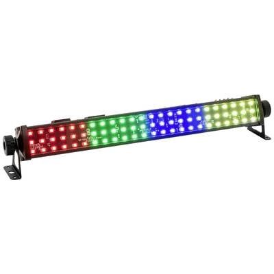 LED-Streifenleuchte mit rot, grün, blau und gelb leuchtenden Dioden, montiert auf einer Metallhalterung.
