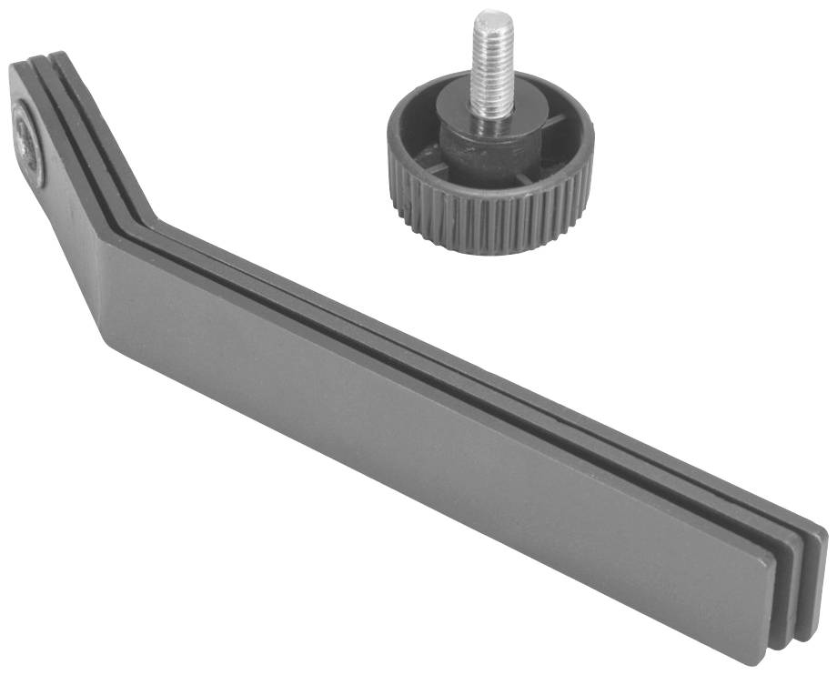 Ein grauer Winkelarm aus Metall mit einem gerändelten Einstellrad oben.