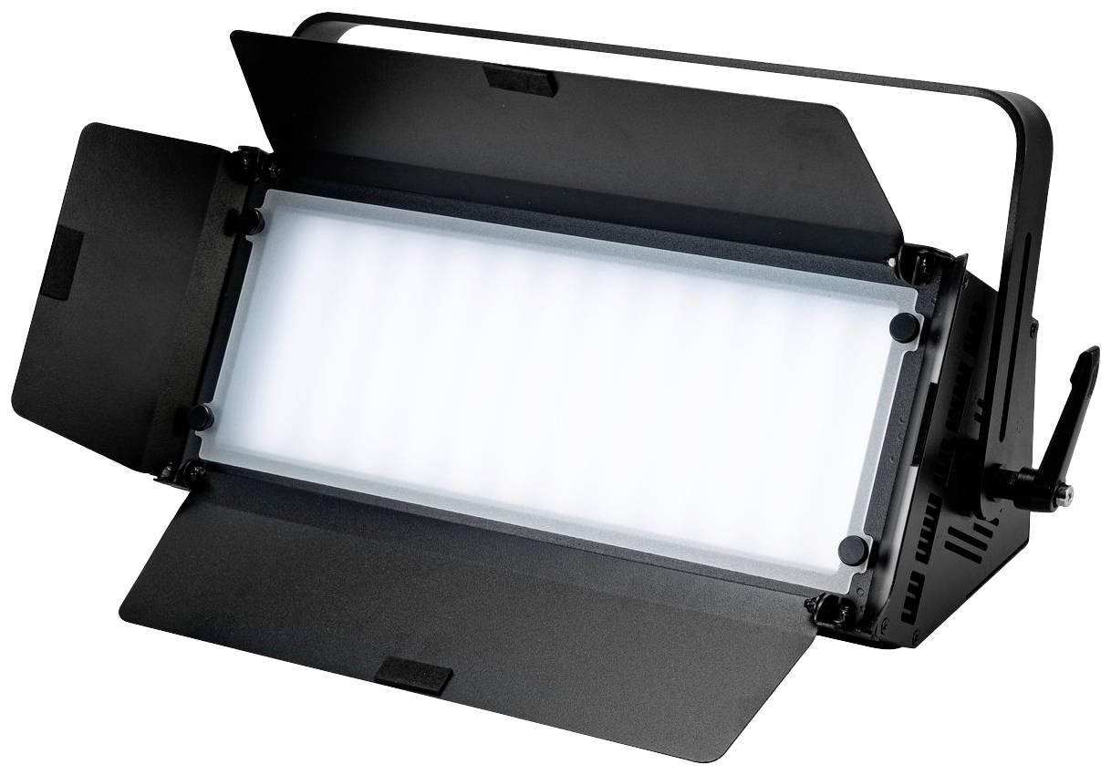 LED-Leuchte mit rechteckigem Gehäuse und Klappen zur Lichtsteuerung, geeignet für professionelle Foto- oder Videoaufnahmen.
