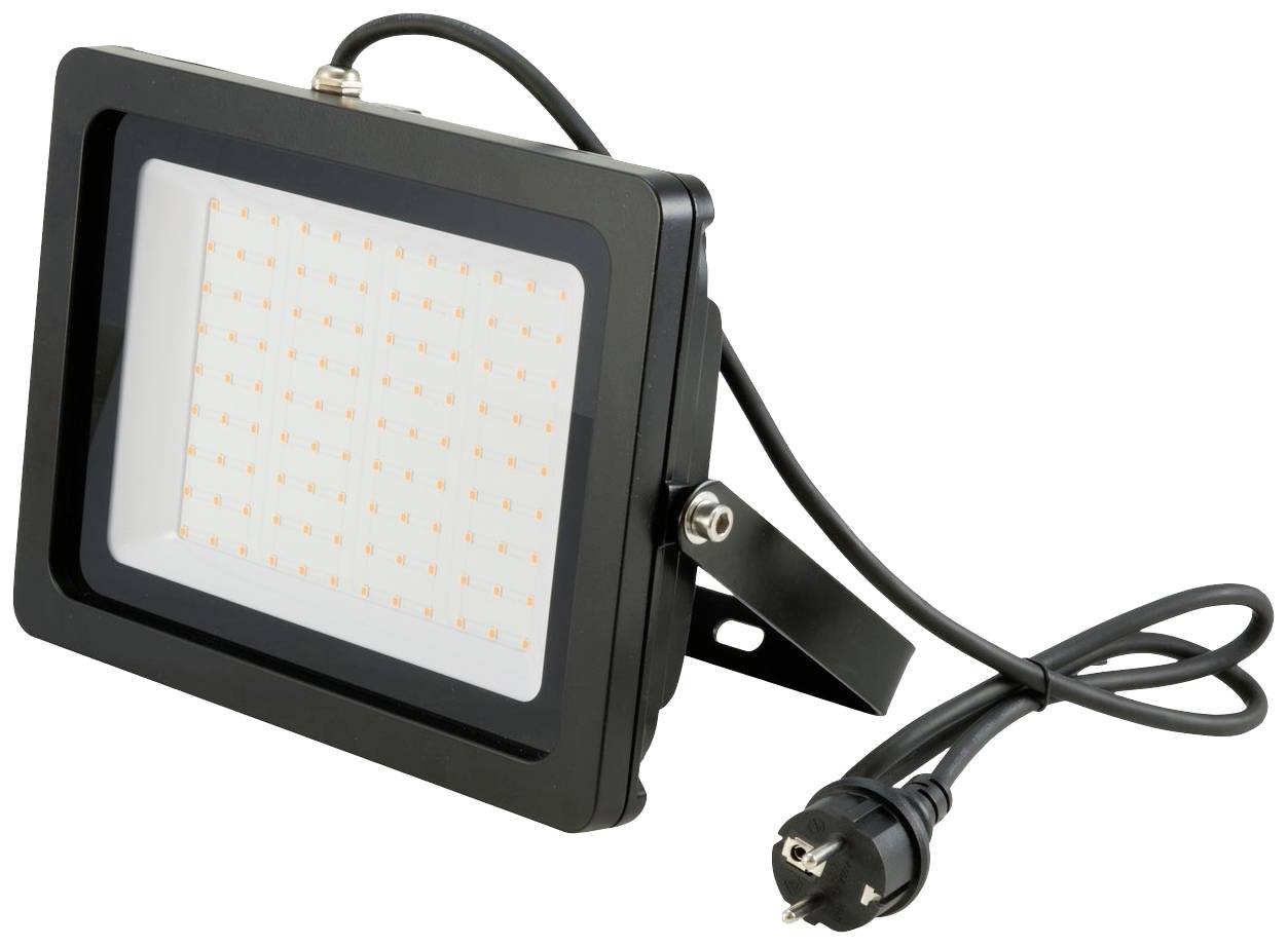 LED-Strahler mit quadratischer Form, schwarzem Rahmen und Netzkabel. Geeignet für Außenbeleuchtung.