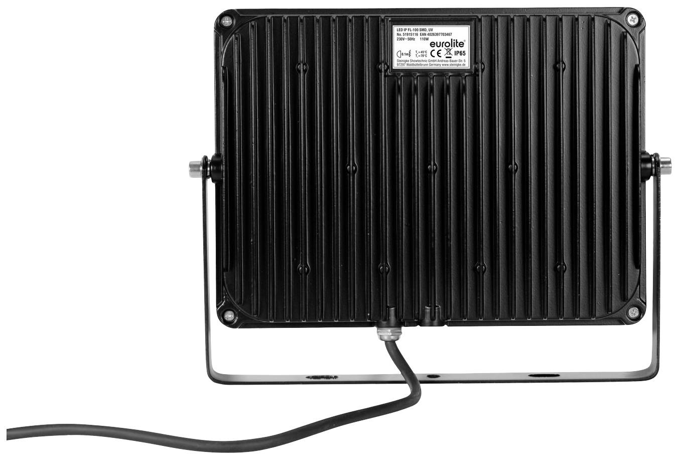 Ein rechteckiger LED-Strahler von hinten, schwarz geriffelte Oberfläche, mit seitlichen Halterungen und einem Stromkabel unten.